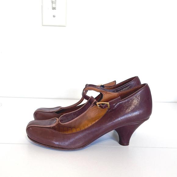 Chie Mihara Womens Mary Jane Pump Shoes Size 38 Brown Leather T-Strap Block Heel - Picture 3 of 10